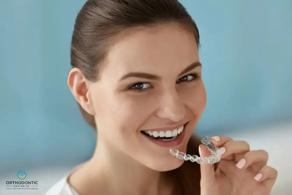 Smiling woman holding a clear orthodontic aligner near her mouth.