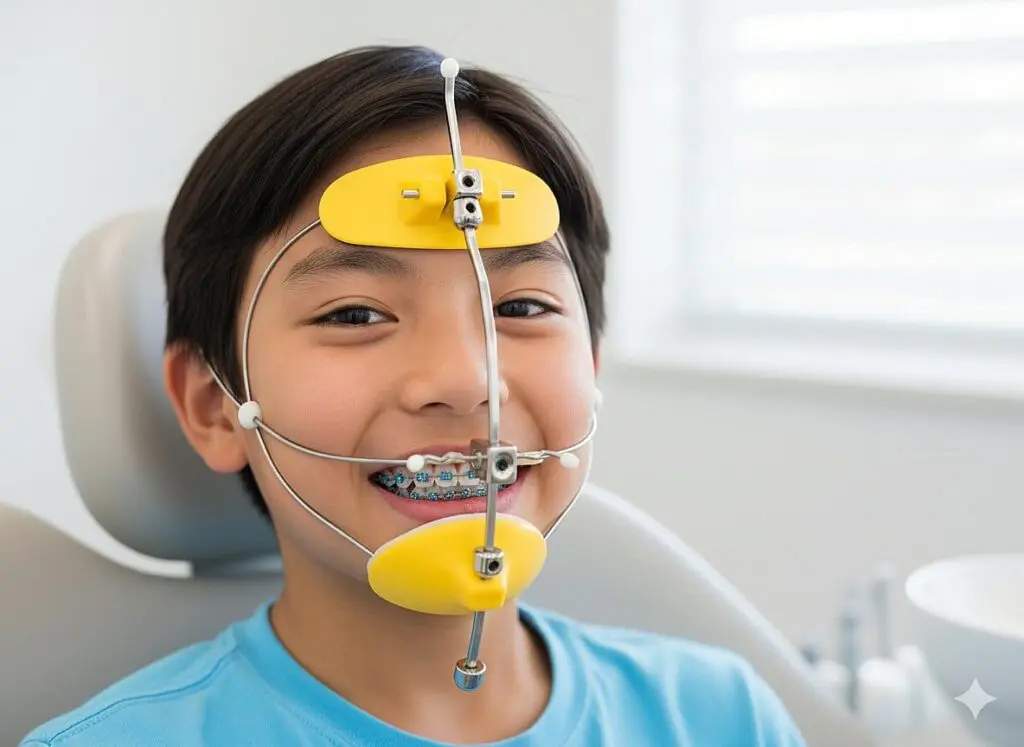 In Madison and Huntsville, AL, a young boy wears yellow reverse pull headgear at Orthodontic Design Co. Orthodontics - Reverse Pull Headgear Braces in Madison and Huntsville, AL.