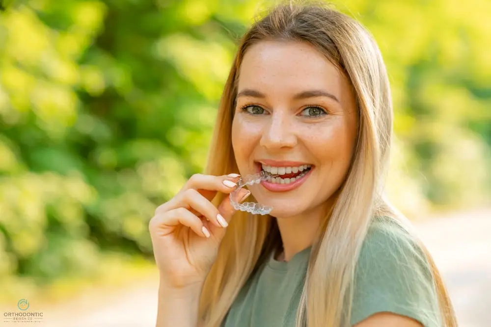 A smiling woman with long blonde hair holds a clear aligner by her mouth outdoors for Orthodontic Design Co. Orthodontics in Madison and Huntsville, AL - How Long Does Invisalign Take in Madison and Huntsville, AL 