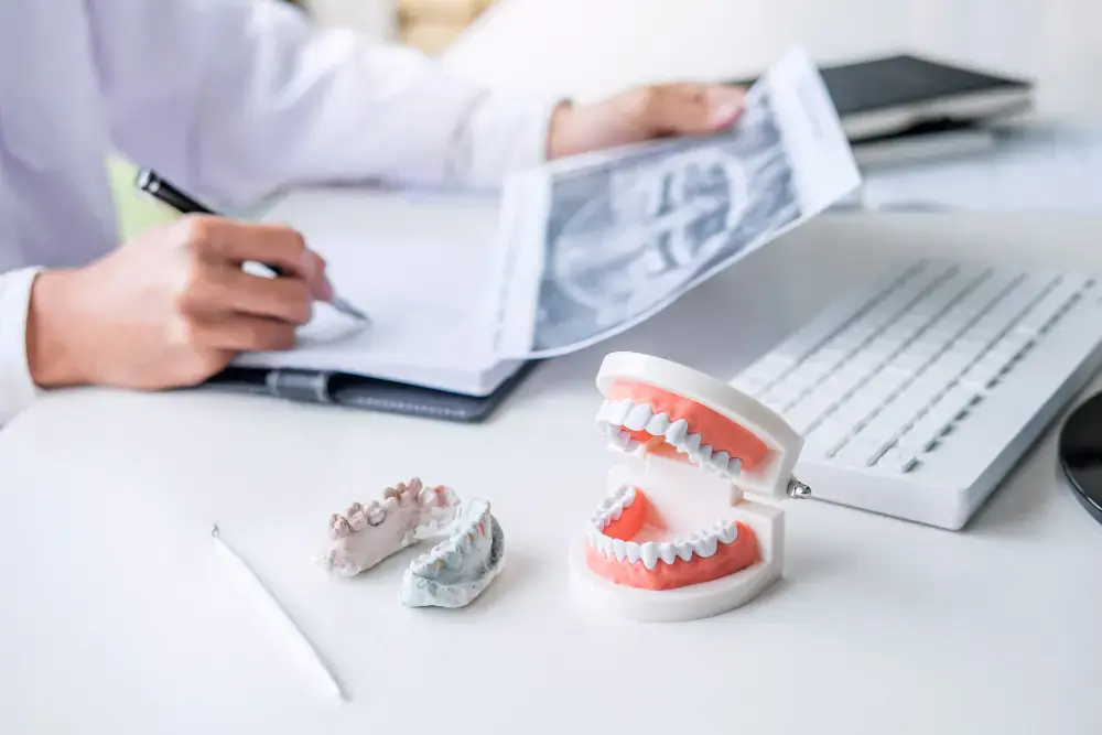 At a desk with dental molds, tools, and a keyboard in the foreground, someone reviews dental X-rays and writes notes—evaluating cases potentially connected to orthodontic insurance plans at Orthodontic Design Company in Madison and Huntsville, AL. At a desk with dental molds, tools, and a keyboard in the foreground, someone reviews dental X-rays and writes notes—evaluating cases potentially connected to orthodontic insurance plans at Orthodontic Design Company in Madison and Huntsville, AL.